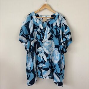 Elie Tahari Woman Blue Floral 100% Linen Split Neck Tunic Top Plus Size 2X